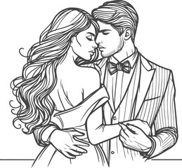 line art wedding husband wife, Mordan, kissing and romantic couple vector design.