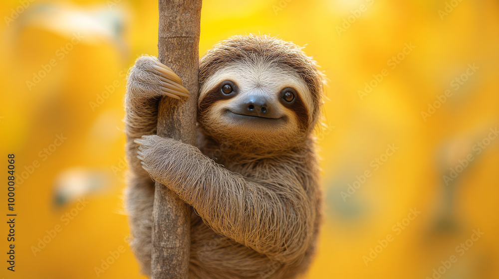 Poster a slow-moving sloth hanging from a tree branch, isolated on a pastel yellow background, symbolizing 