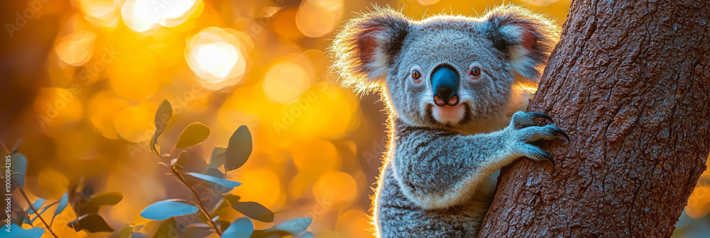 Poster a koala clinging to a eucalyptus tree, isolated on a pastel blue background, representing calmness i