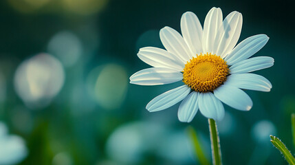 
A vibrant image of a daisy flower with pure white petals and a bright yellow center, standing tall in a meadow