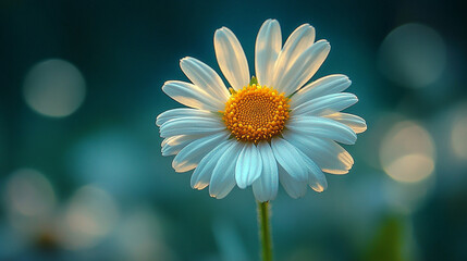 
A vibrant image of a daisy flower with pure white petals and a bright yellow center, standing tall in a meadow
