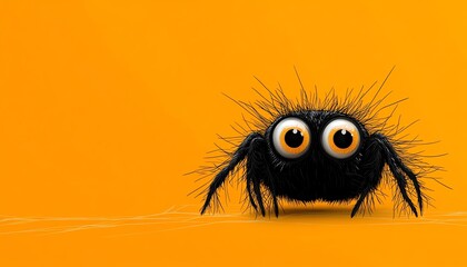 Fototapeta premium Cartoon black spider with large eyes in a web, playful Halloween theme, orange background