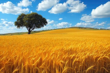 Golden Wheat Field Under a Clear Sky with Trees in the Distance