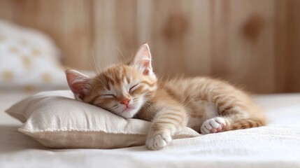 Adorable Tabby Cat Napping on Cozy Pillow in Relaxing Home Environment