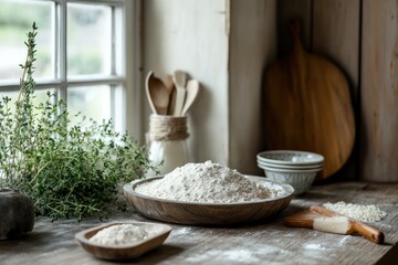 A rustic kitchen scene with gluten-free organic ingredients such as rice flour, tapioca starch, and sorghum flour, ready for baking, with fresh herbs and a natural, cozy atmosphere