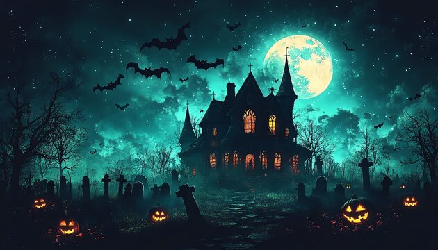 Haunted house with bats and a full moon, dark graveyard, Halloween scene