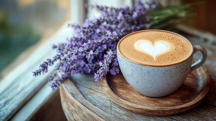 photo of a cappuccino cup with foam art in the shape of a heart, placed on a small wooden table with a lavender bouquet next to it. 