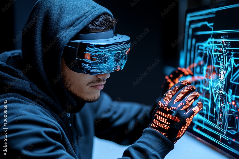 Poster cyber hacker wearing vr goggles, manipulating a holographic screen with hands covered in virtual glo