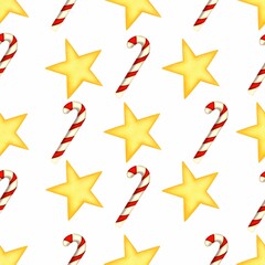 Classics Seamless Christmas Big Star and Christmas Big Candy Cane Pattern with White Background
