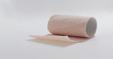 Close up of single toilet paper roll with one sheet unrolled on light background.