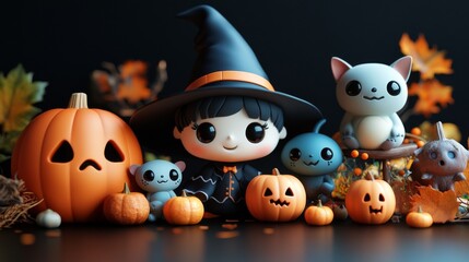 Obraz premium Cute Halloween Characters with Pumpkins and Spooky Autumn Decorations