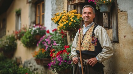 A man dressed in a traditional Czech folk costume, standing in front of a historic village house with colorful flower boxes.