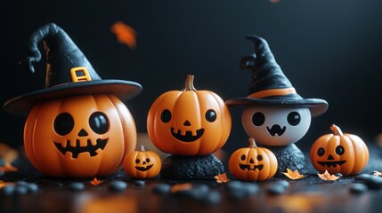 Cute Halloween Characters with Pumpkins and Spooky Autumn Decorations
