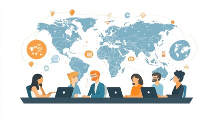 Cartoon-style online meeting with people of various nationalities discussing a business project, connecting from different parts of the world