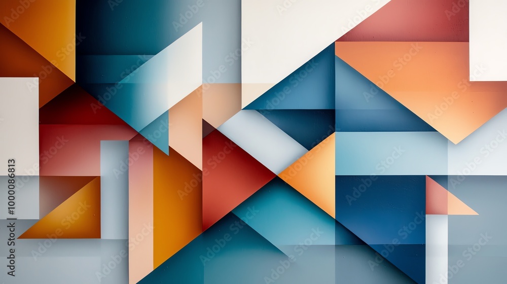 Poster abstract geometric background with vibrant overlapping shapes in blue, orange, and beige tones, crea