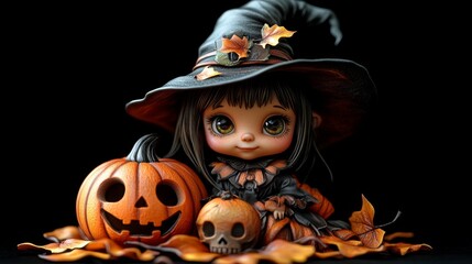 Cute Halloween Characters with Pumpkins and Spooky Autumn Decorations