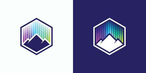 A combination logo that combines the shape of a mountain, and aurora light in a hexagonal frame. Icon for business, outdoor, travel, and personal branding.