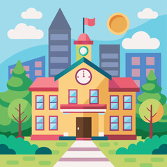 Obraz premium Cartoon vector illustration of an urban cityscape with houses, buildings, and trees under a sky, depicting a vibrant town street scene