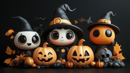 Cute Halloween Characters with Pumpkins and Spooky Autumn Decorations