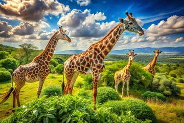 Obraz premium Giraffes Grazing on Green Leaves in a Lush Natural Habitat Under Bright Sunny Sky and Trees
