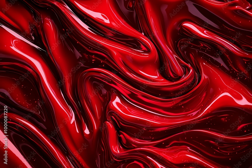 Poster abstract red liquid background with glossy texture, showcasing swirling patterns and deep red hues. 