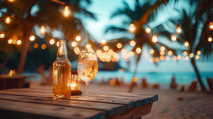 A bottle of beer and a wine glass are on a table by the beach