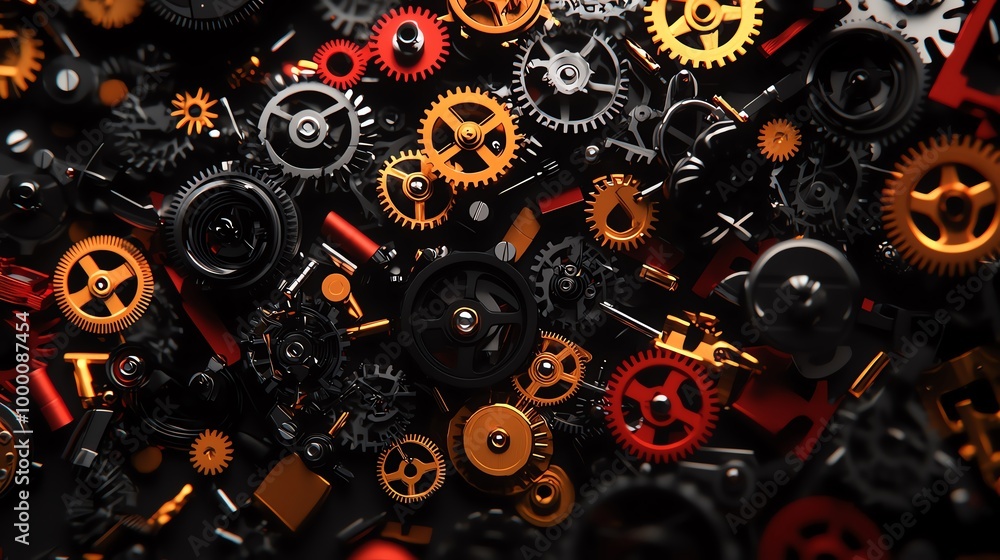 Poster close-up image of intricate mechanical gears and sprockets in various sizes, showcasing engineering 