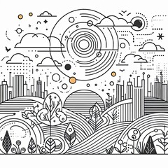 LANDSCAPE Outline aesthetics space, nature and city for web design and decoration