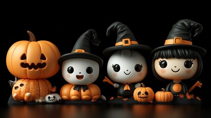 Obraz premium Cute Halloween Characters with Pumpkins and Spooky Autumn Decorations