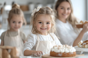 Fototapeta premium A modern white kitchen with a cozy and inviting atmosphere, two parents and their children baking together