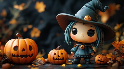 Fototapeta premium Cute Halloween Characters with Pumpkins and Spooky Autumn Decorations