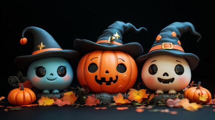 Cute Halloween Characters with Pumpkins and Spooky Autumn Decorations