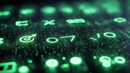 Abstract digital background with glowing green icons and symbols on a dark surface.