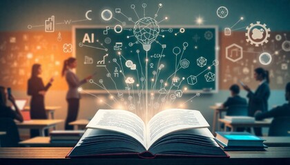 Open book with floating technology icons in classroom, concept of AI in education, digital learning, innovation in teaching, futuristic classroom setting