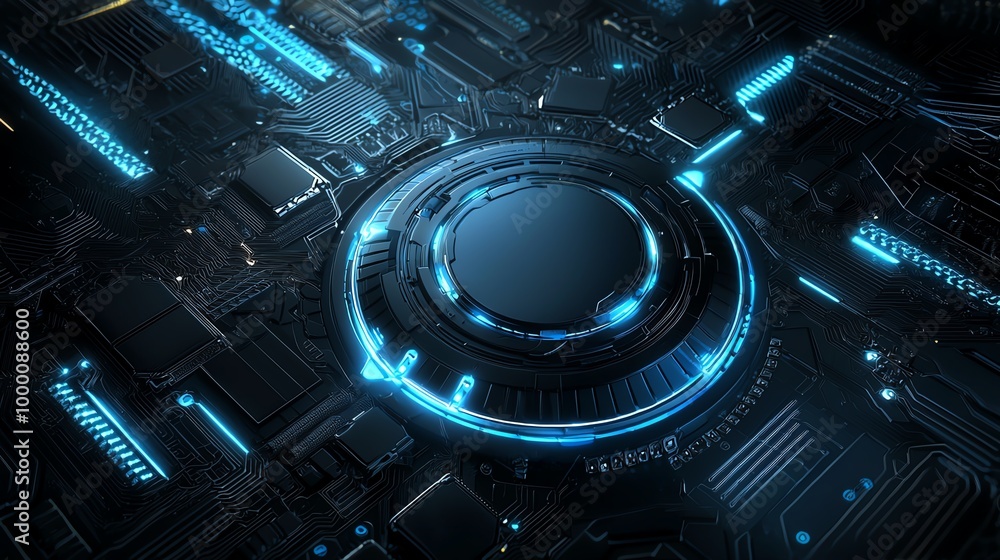 Aufkleber futuristic digital background with glowing blue circuitry and circular core, representing advanced t