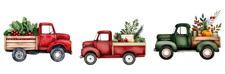 Rustic farm truck filled with Christmas gifts and harvest produce, watercolor clipart collection, isolated on transparent background