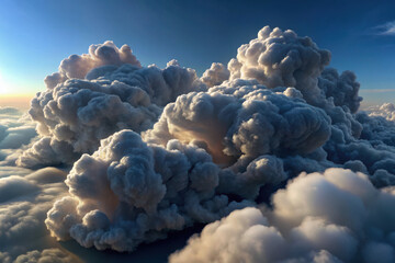 Majestic clouds swirl gracefully in the afternoon sky, painted by golden sunlight above a tranquil landscape. Generative AI