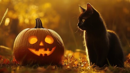 Naklejka premium A realistic black cat sitting near a Halloween pumpkin, both illuminated by the warm glow of late afternoon sunlight.