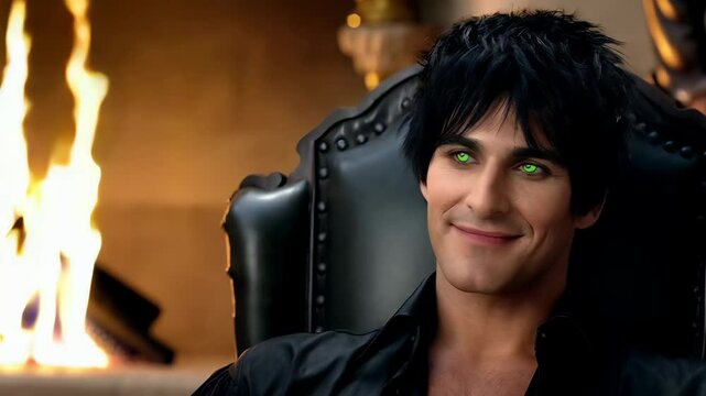 man with tousled black hair and bright green eyes wearing a black shirt unbuttoned. Sitting in a black leather chair near a fire smirking