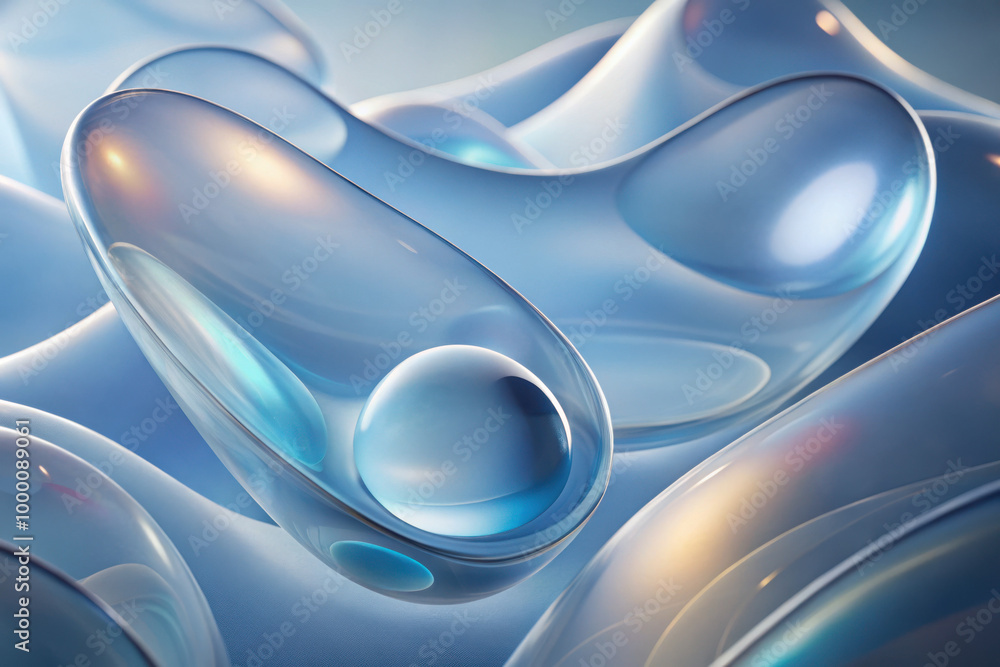 Poster translucent water droplets gracefully resting on a smooth blue surface illuminated by soft light in 