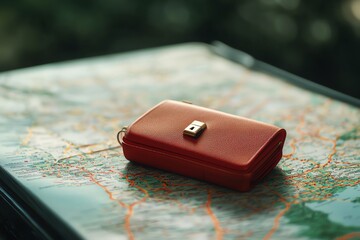 Red wallet on a detailed road map, symbolizing travel and financial planning. Perfect for travel blogs and financial advice content.