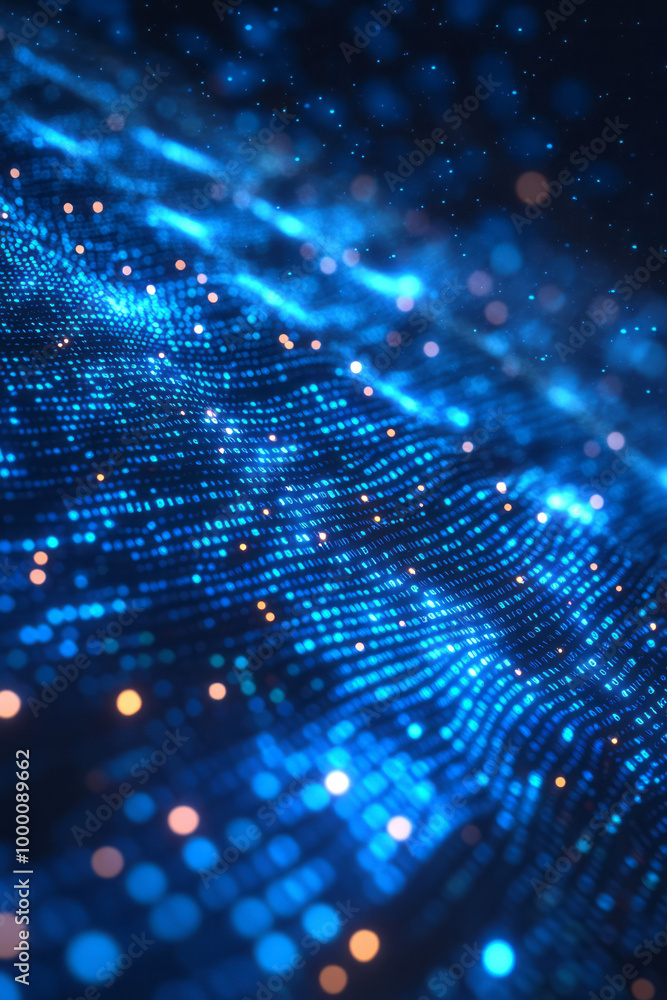 Poster a binary code pattern displayed on a holographic screen, isolated on a pastel blue background, symbo