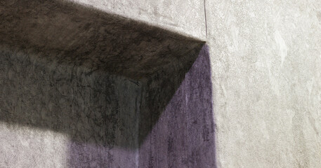 Abstract textured wall with dark shadow cast from an angular structure, creating stark geometric...