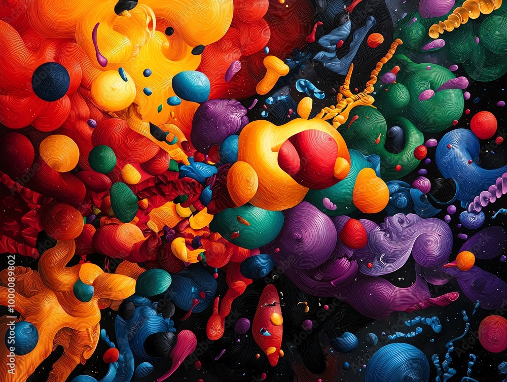Poster vibrant abstract art with multicolored paint splashes and fluid shapes creating a dynamic, energetic
