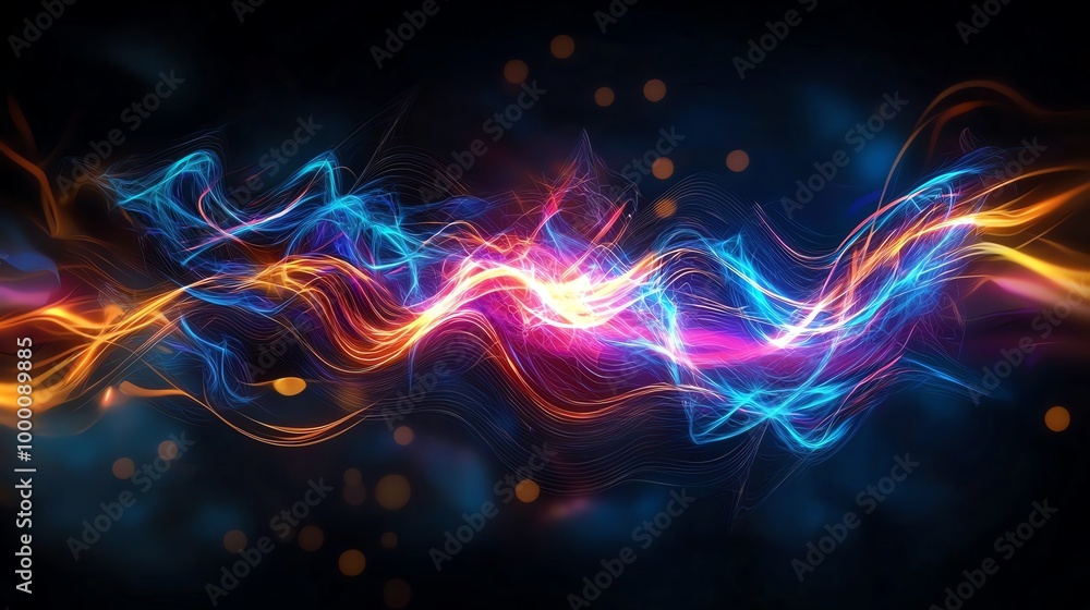 Poster vibrant abstract light trails in motion, creating an artistic and dynamic visual effect on a dark ba