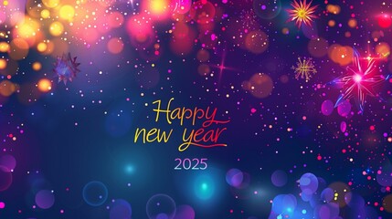 Greeting card with glitter, confetti and sparklers, it says "Happy New Year 2025"