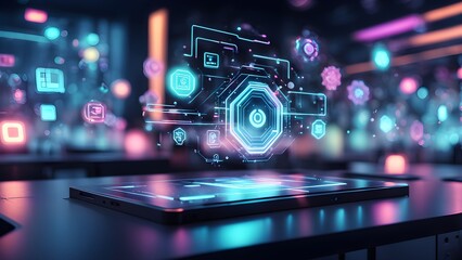 Obraz premium A futuristic tablet with a glowing holographic interface depicting various digital icons.