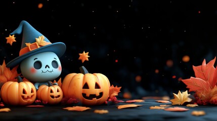 Fototapeta premium Cute Halloween Characters with Pumpkins and Spooky Autumn Decorations