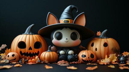 Cute Halloween Characters with Pumpkins and Spooky Autumn Decorations