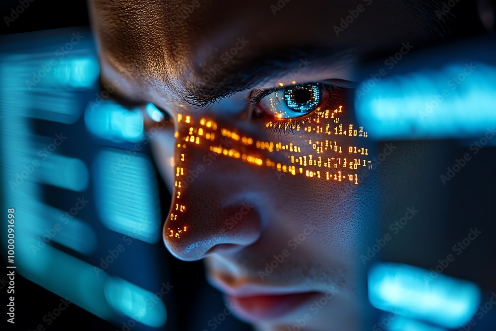 Fototapete Detailed image of a hackerâ€™s face lit by multiple computer screens, showing intense focus and the reflection of code and encrypted data in their eyes